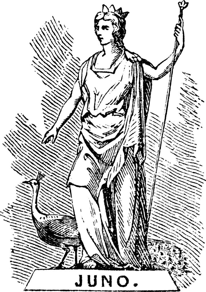 Image of Juno the Roman goddess, flanked by a peacock